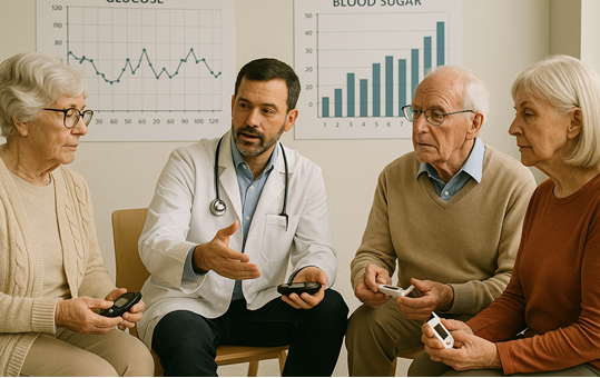 Imagem - medicos ensinando a usar glicosimetro a idosos.webp
